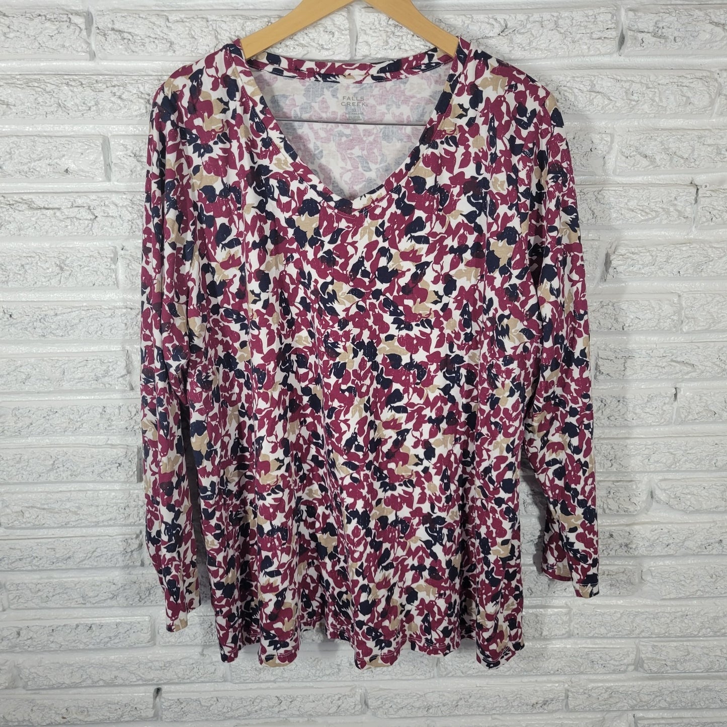 Falls Creek Womens Top 3X Plus Tee Long Sleeve Burgundy Floral Cotton Blend
