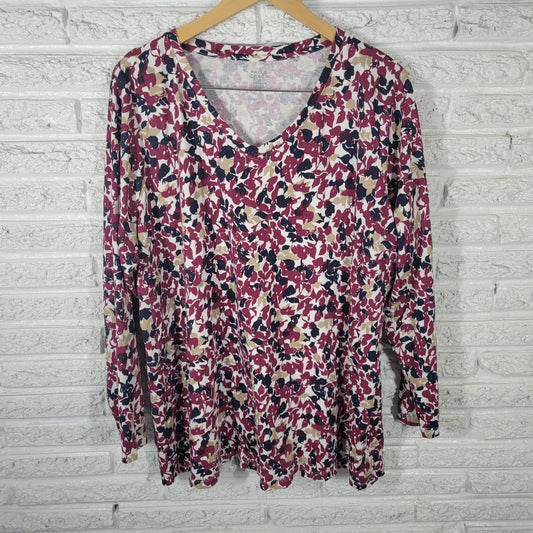 Falls Creek Womens Top 3X Plus Tee Long Sleeve Burgundy Floral Cotton Blend