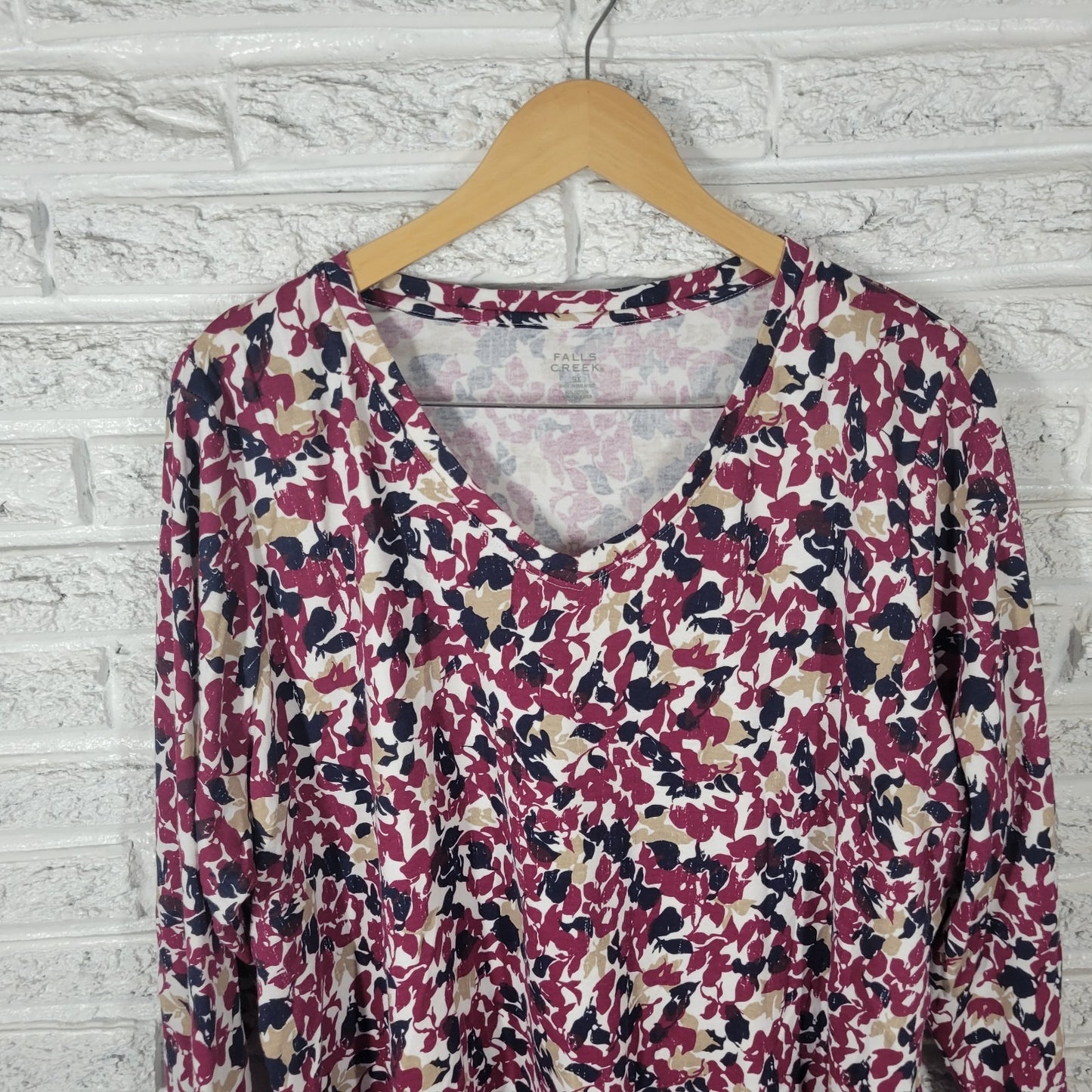 Falls Creek Womens Top 3X Plus Tee Long Sleeve Burgundy Floral Cotton Blend