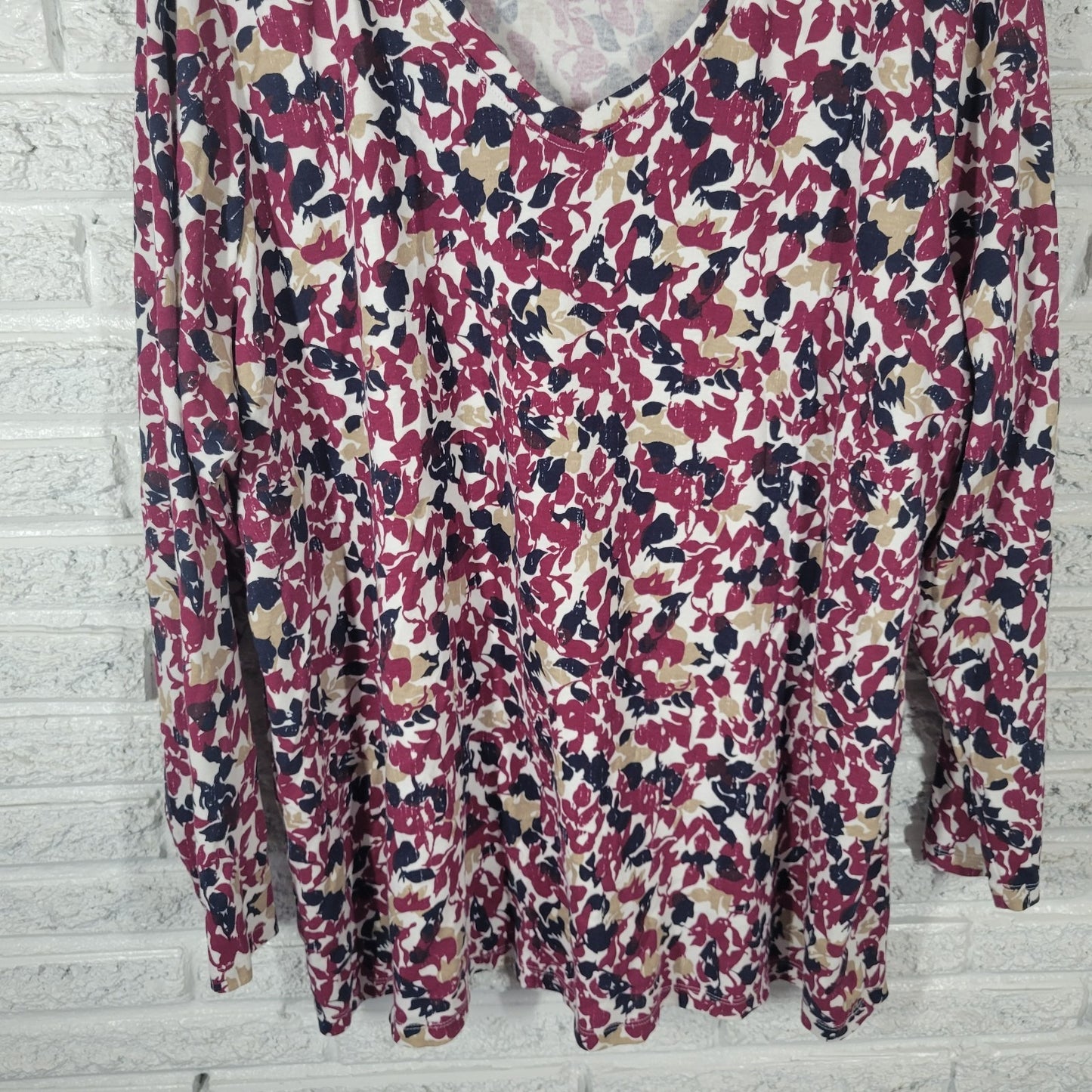 Falls Creek Womens Top 3X Plus Tee Long Sleeve Burgundy Floral Cotton Blend