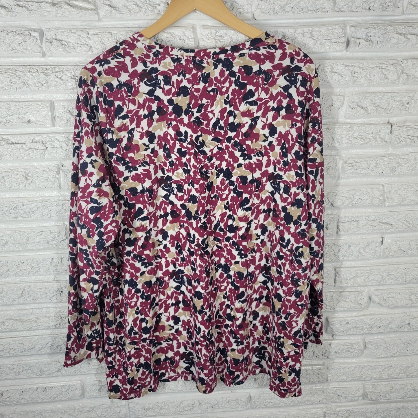 Falls Creek Womens Top 3X Plus Tee Long Sleeve Burgundy Floral Cotton Blend