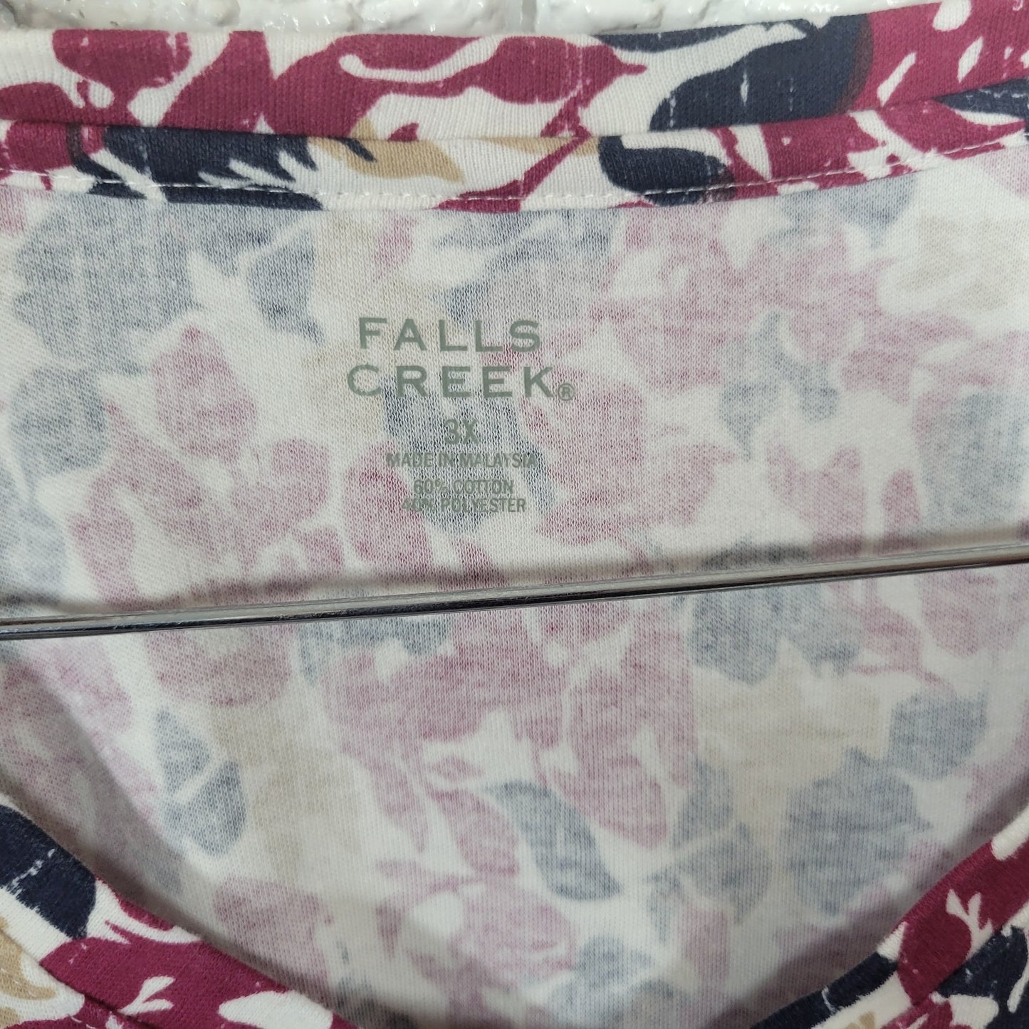 Falls Creek Womens Top 3X Plus Tee Long Sleeve Burgundy Floral Cotton Blend