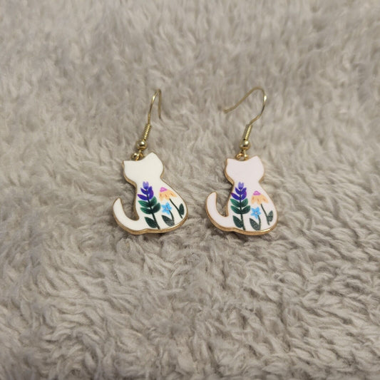 Cats Kittens Earrings Multi Color Floral Fish Hook Hanging Dangle Fun Novelty