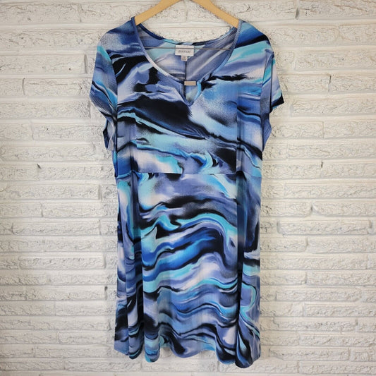 Avenue Womens Dress 22 24 Plus Cap Sleeve Blue Watercolor Poly Blend Keyhole