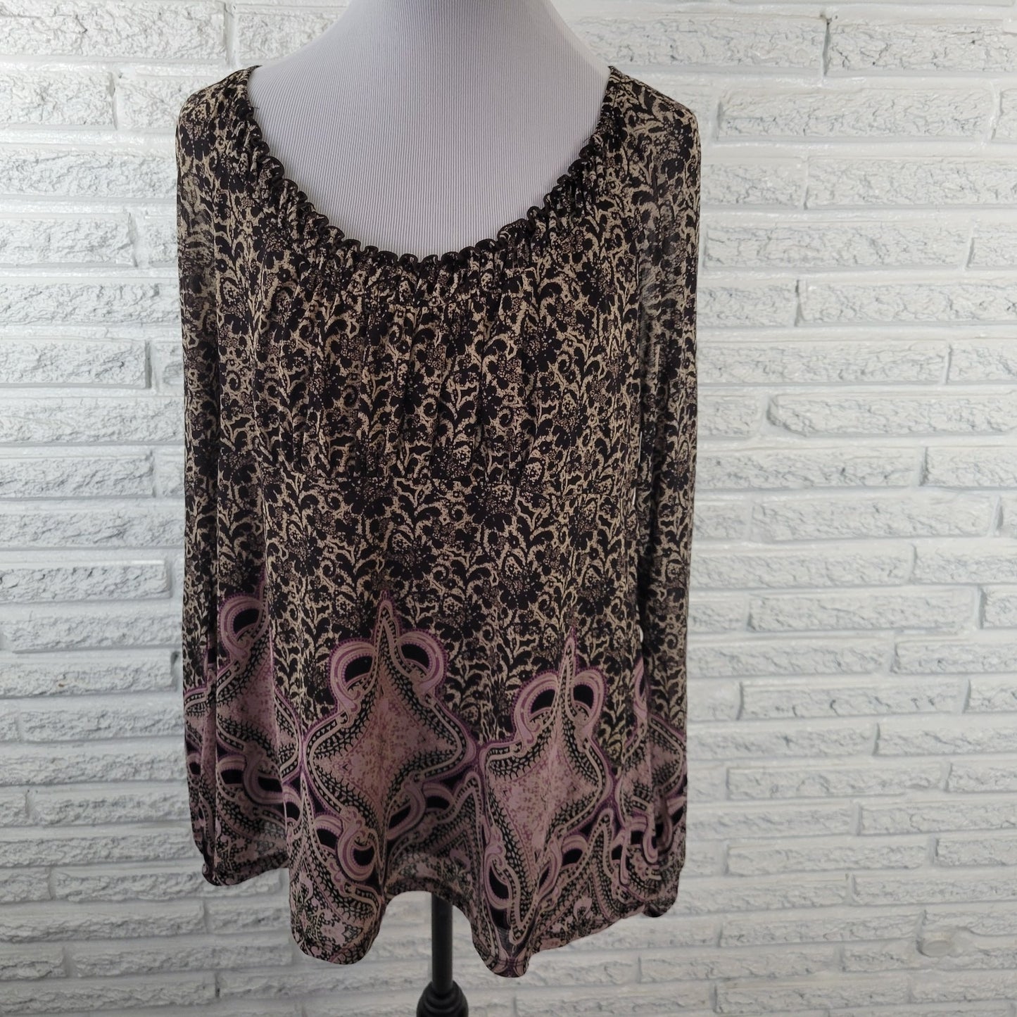 Liz Wear XXL Plus Size Top Women's Black Purple Geometric Frilly Boat Neck