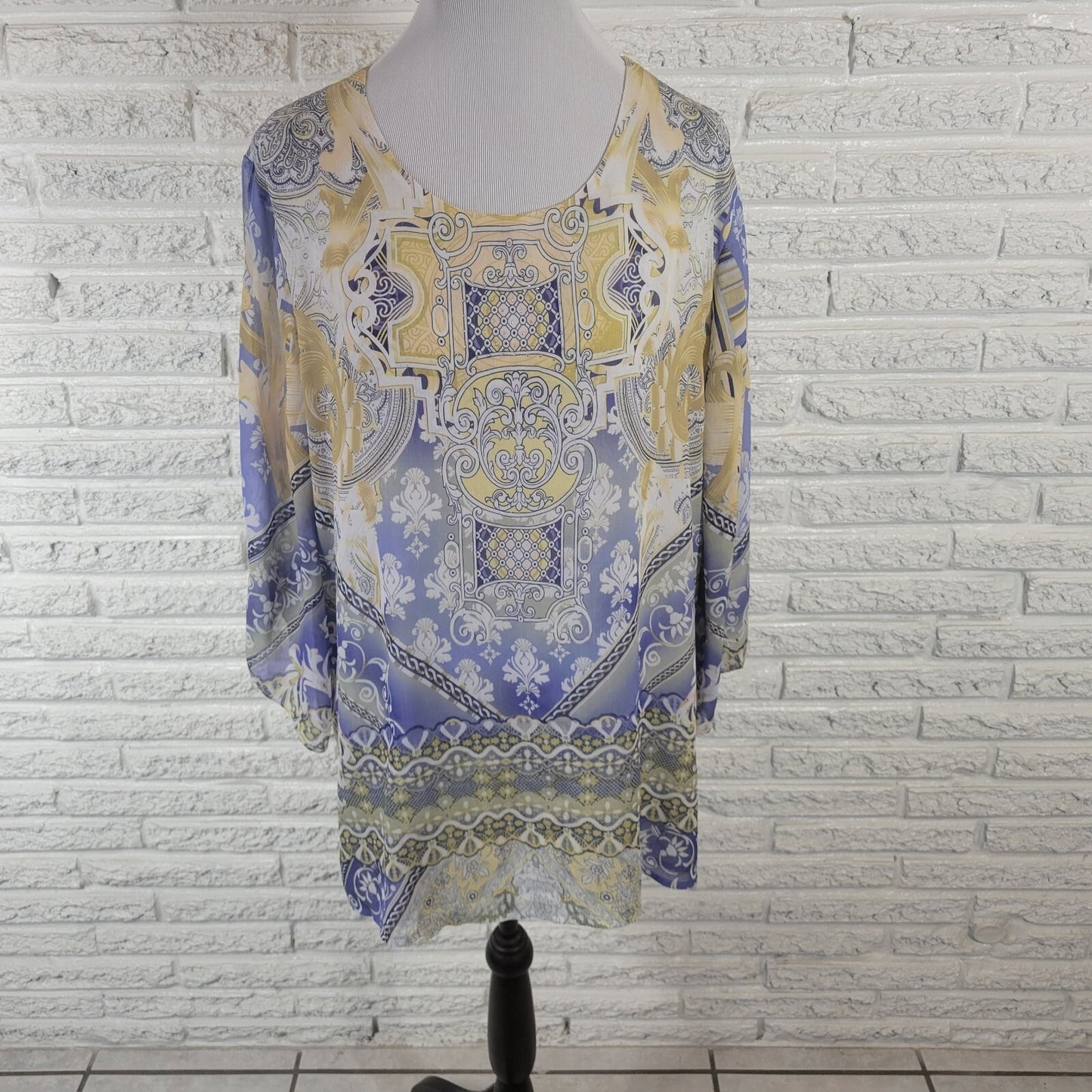 JM Collection Women's XL Tunic Top Blouse Blue Geometric 3/4 Slit Sleeve Lined