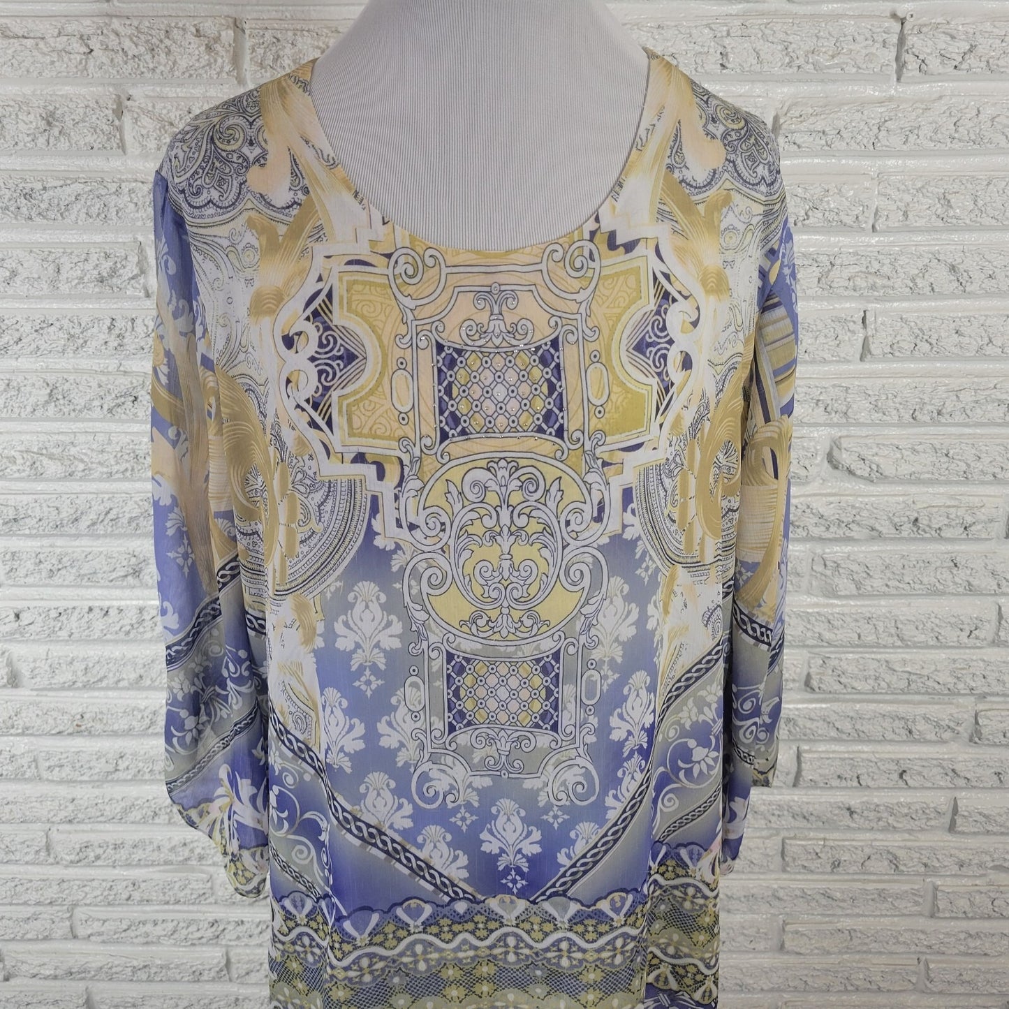 JM Collection Women's XL Tunic Top Blouse Blue Geometric 3/4 Slit Sleeve Lined