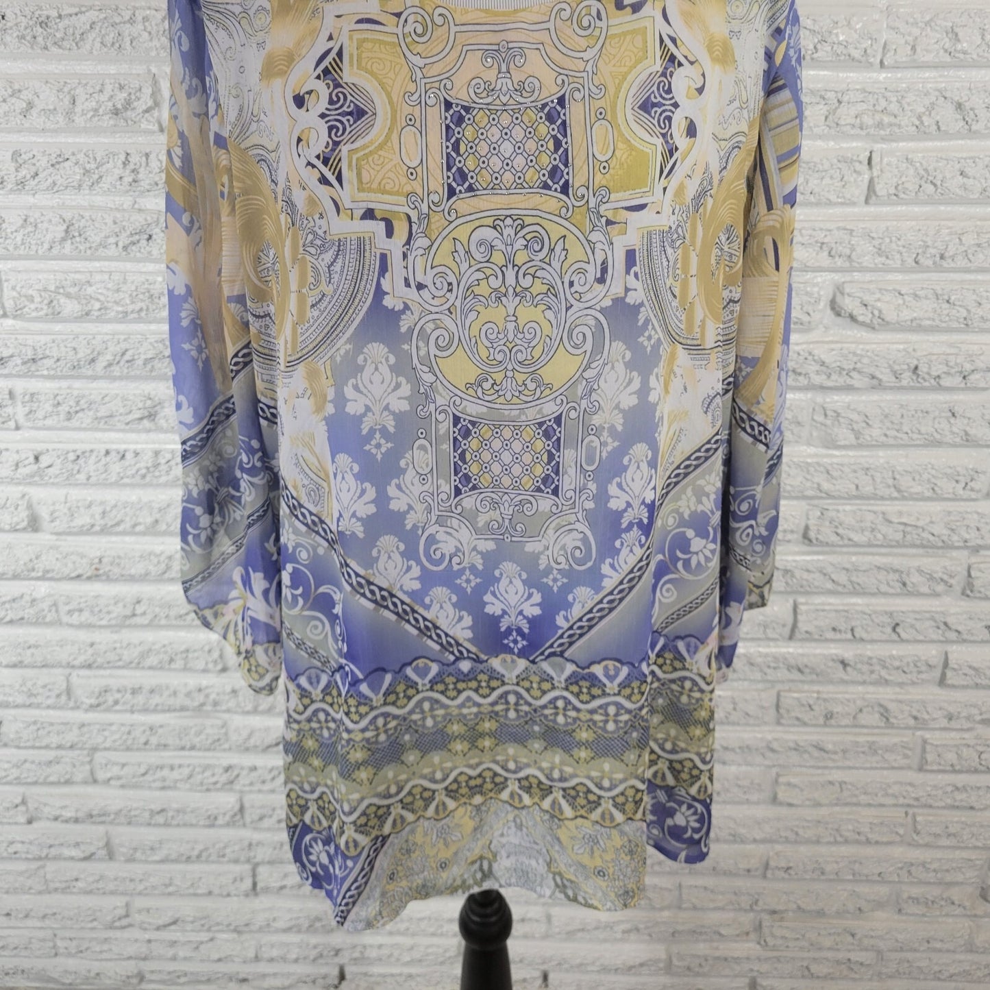 JM Collection Women's XL Tunic Top Blouse Blue Geometric 3/4 Slit Sleeve Lined