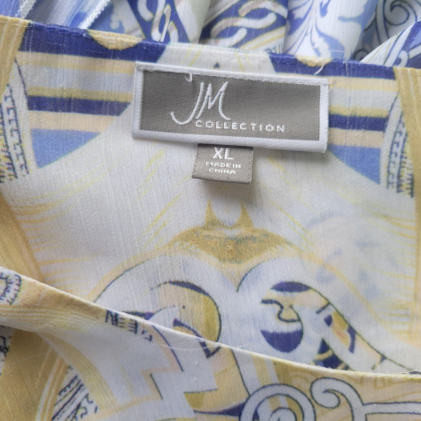 JM Collection Women's XL Tunic Top Blouse Blue Geometric 3/4 Slit Sleeve Lined