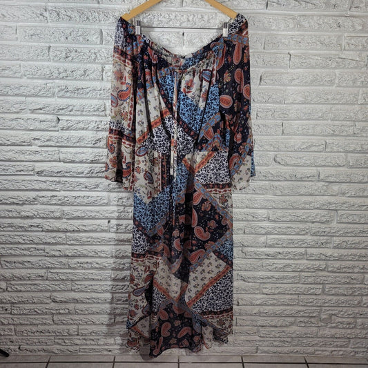 Venus Womens Dress 18 Overlay Blue Paisley Sheer Split Front On Off Shoulder