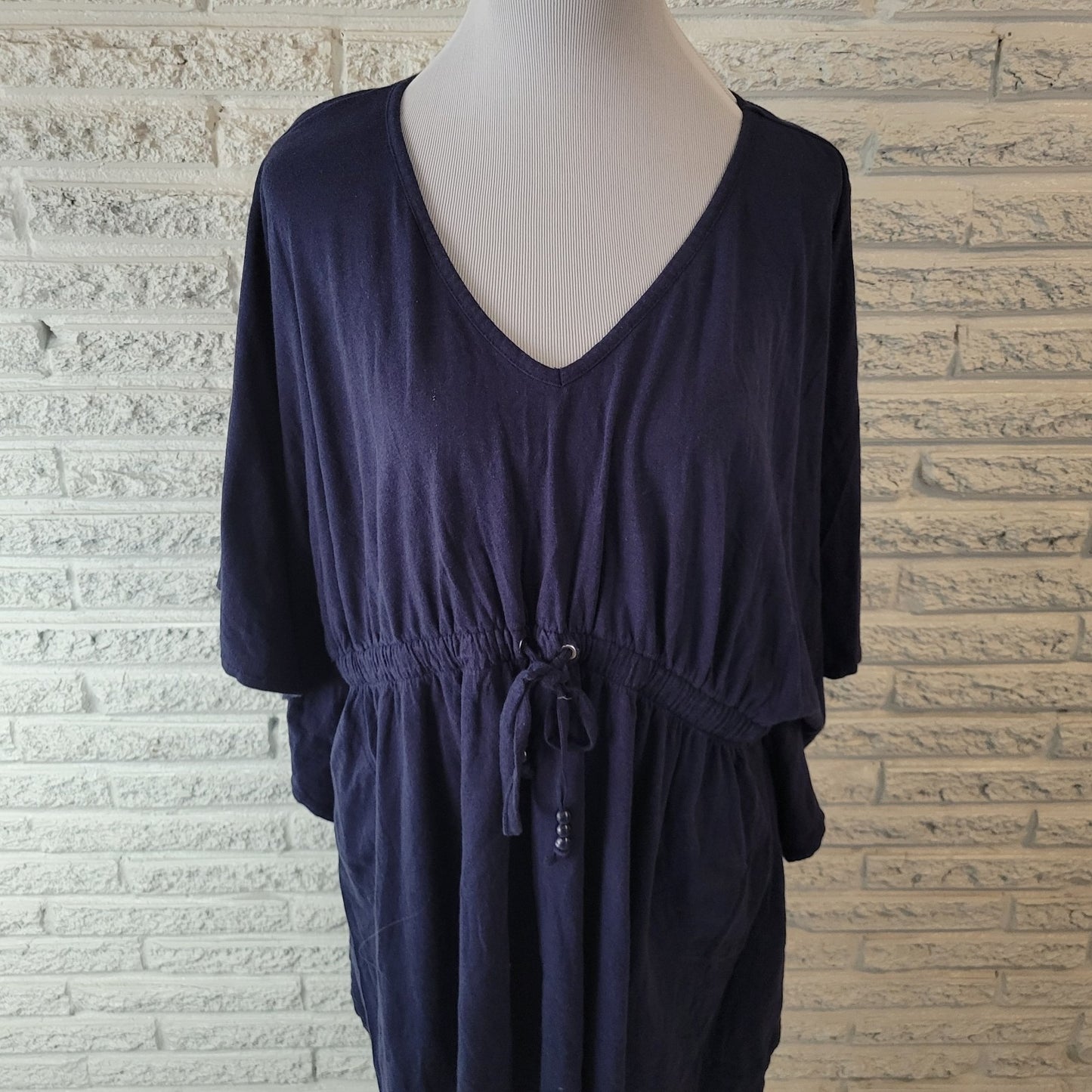 Swim 365 Womens Cover Up 1X Plus Batwing Sleeve Blue Drawstring Cotton Blend