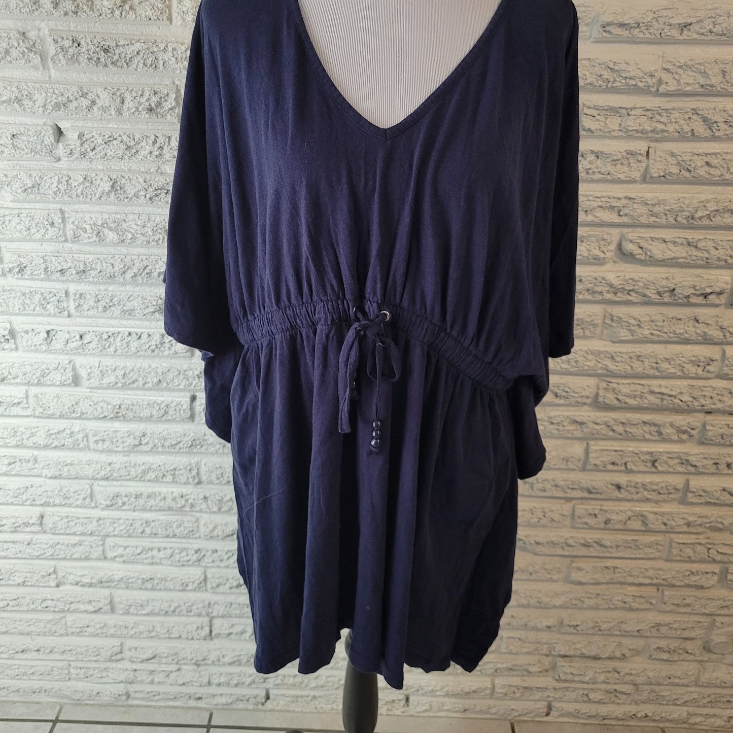 Swim 365 Womens Cover Up 1X Plus Batwing Sleeve Blue Drawstring Cotton Blend