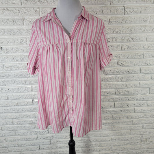 Roamans Womens Top 16W Plus Cuff Sleeve Button Up Pink Stripe Casual Lightweight