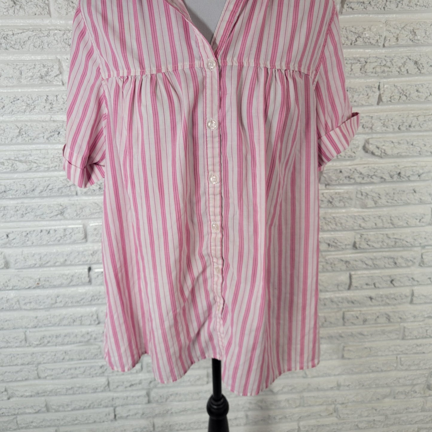 Roamans Womens Top 16W Plus Cuff Sleeve Button Up Pink Stripe Casual Lightweight