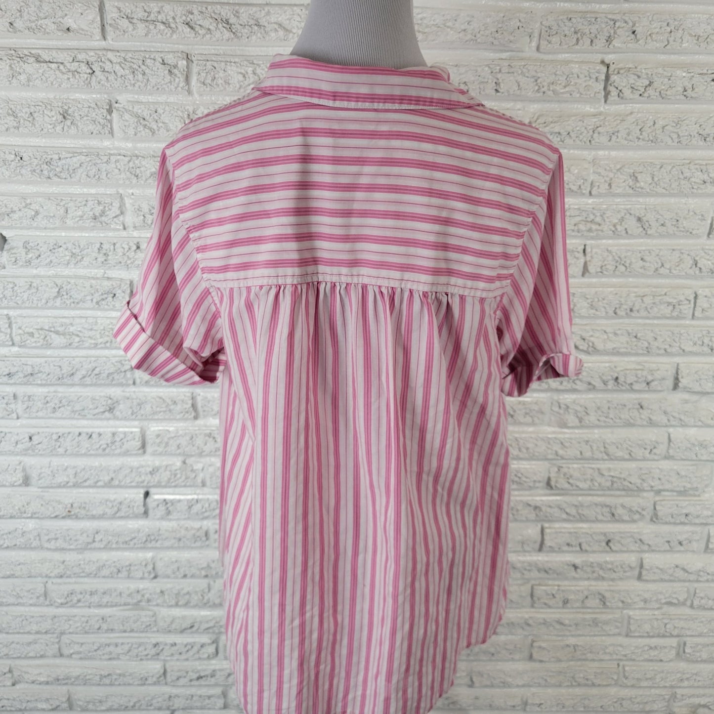 Roamans Womens Top 16W Plus Cuff Sleeve Button Up Pink Stripe Casual Lightweight
