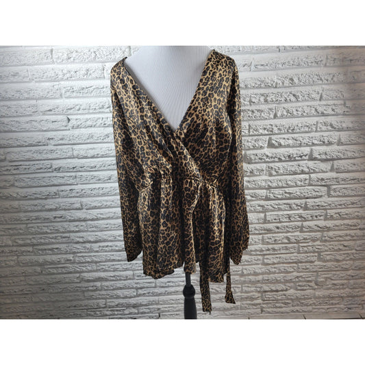 Lane Bryant Womens Top 20 Plus Long Sleeve Polyester Brown Animal Print Sash