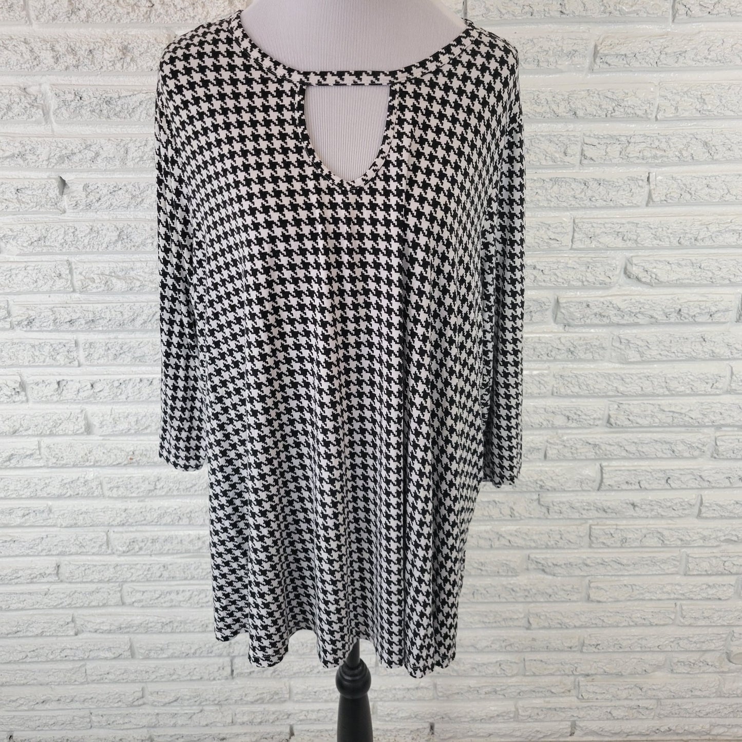 Jessica London Womens Top 18 20 Plus Tunic 3/4 Sleeve Black Houndstooth Keyhole