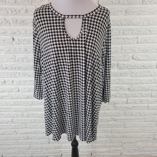Jessica London Womens Top 18 20 Plus Tunic 3/4 Sleeve Black Houndstooth Keyhole