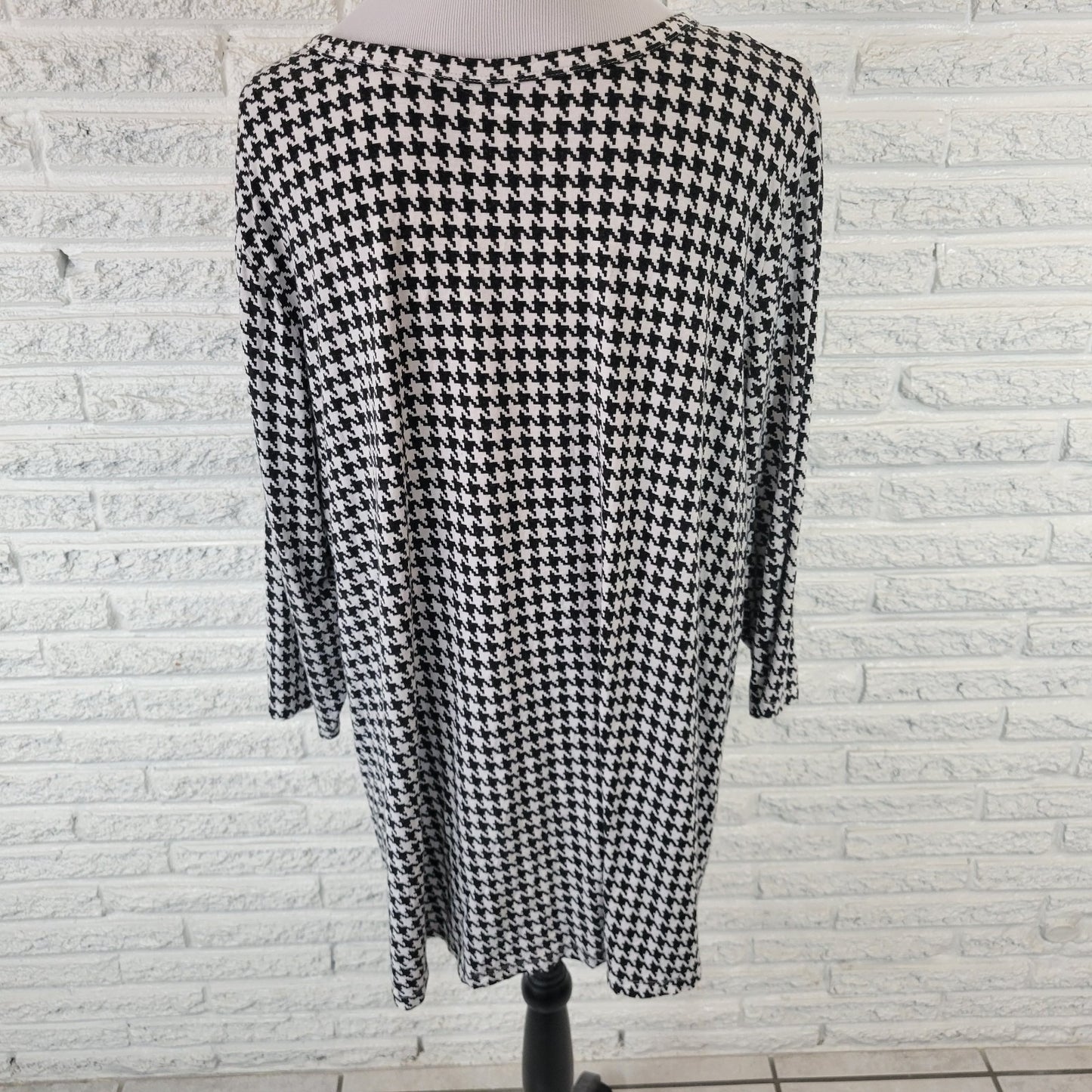 Jessica London Womens Top 18 20 Plus Tunic 3/4 Sleeve Black Houndstooth Keyhole
