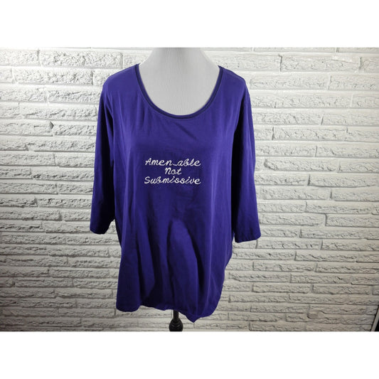 Catherines Suprema Womens Top 2X Plus Blue Amenable Not Submissive Embroidered