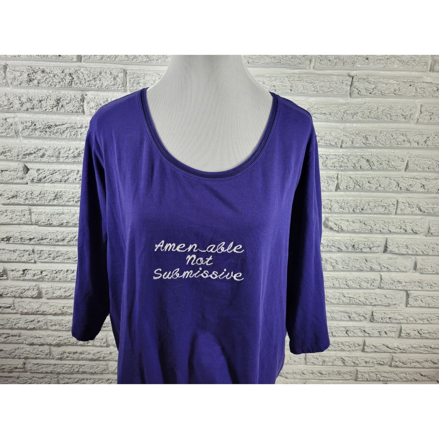 Catherines Suprema Womens Top 2X Plus Blue Amenable Not Submissive Embroidered