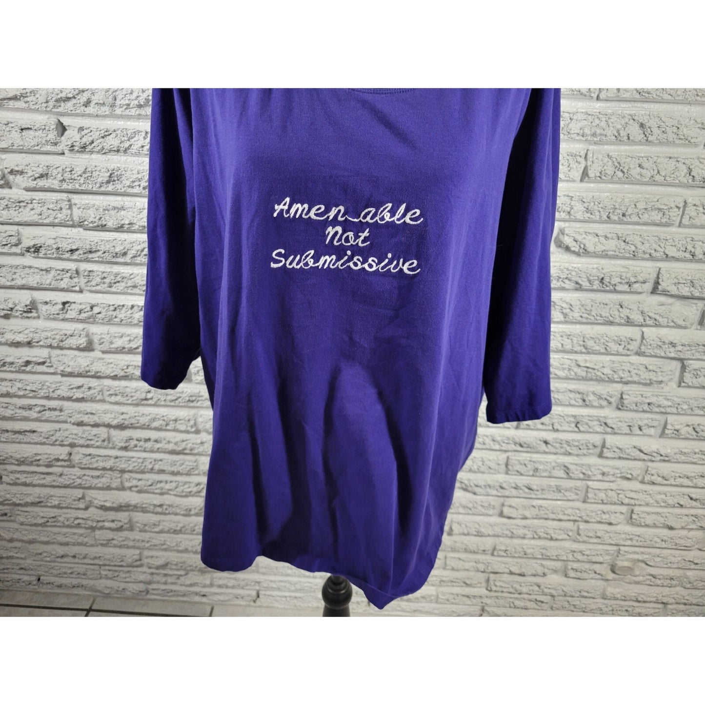 Catherines Suprema Womens Top 2X Plus Blue Amenable Not Submissive Embroidered