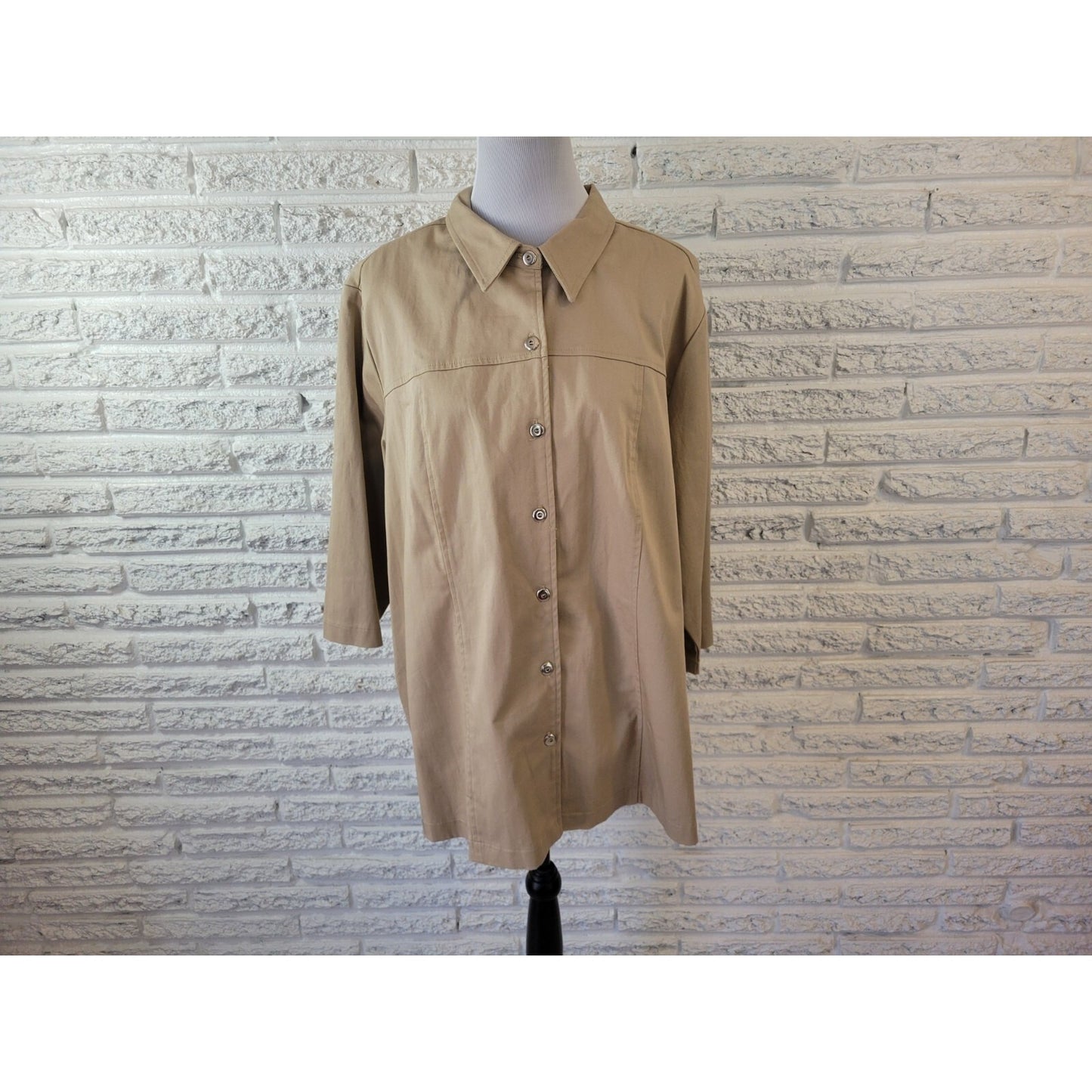 Liz & Me Womens Shirt 3X Plus Shacket Tan Floral Embroider Rhinestone Offic