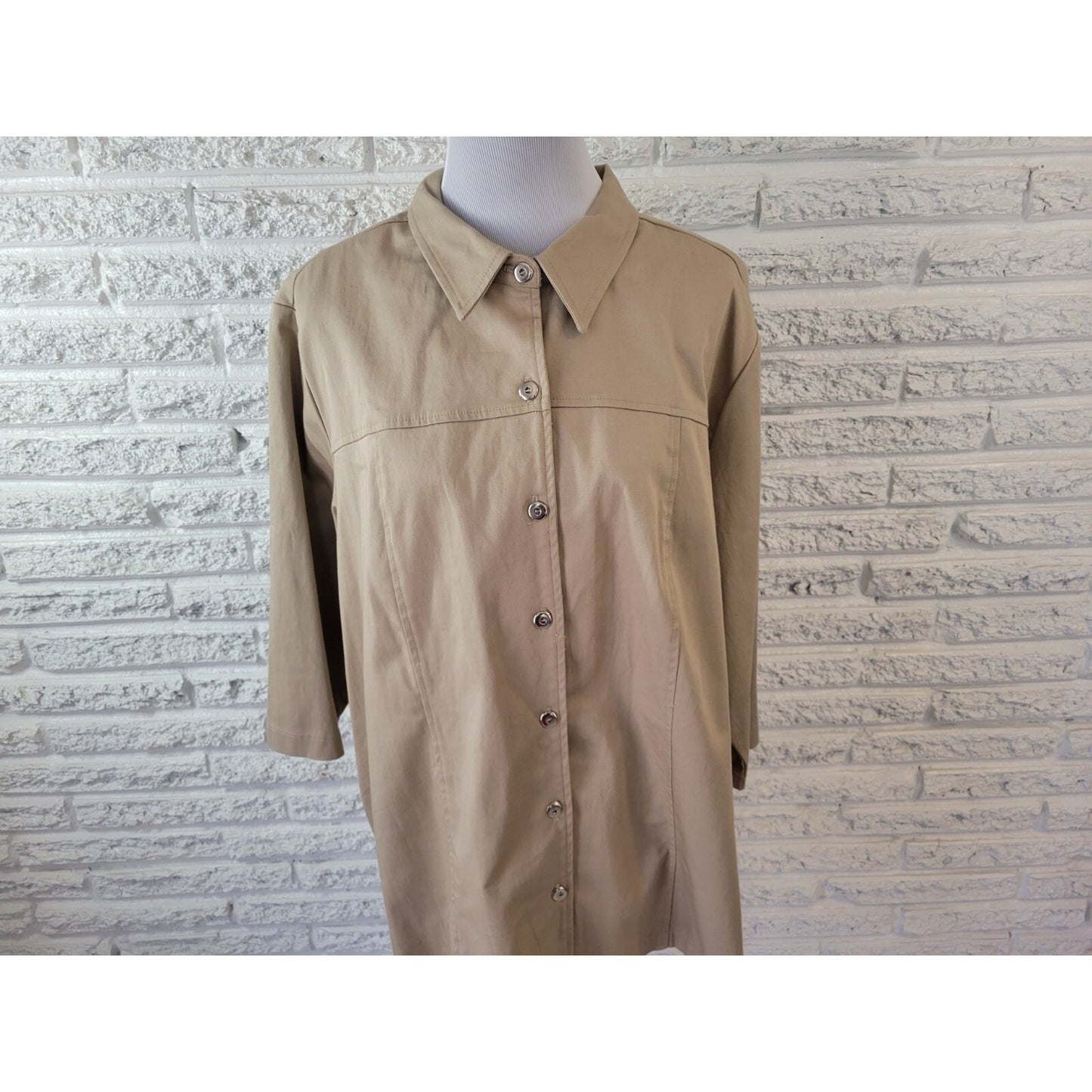 Liz & Me Womens Shirt 3X Plus Shacket Tan Floral Embroider Rhinestone Offic