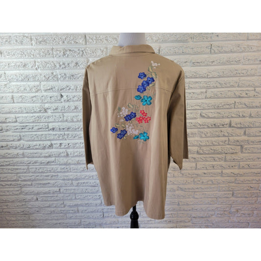 Liz and Me 3X Shacket Shirt Tan Beige Floral Button Up Embroidered SWE84E