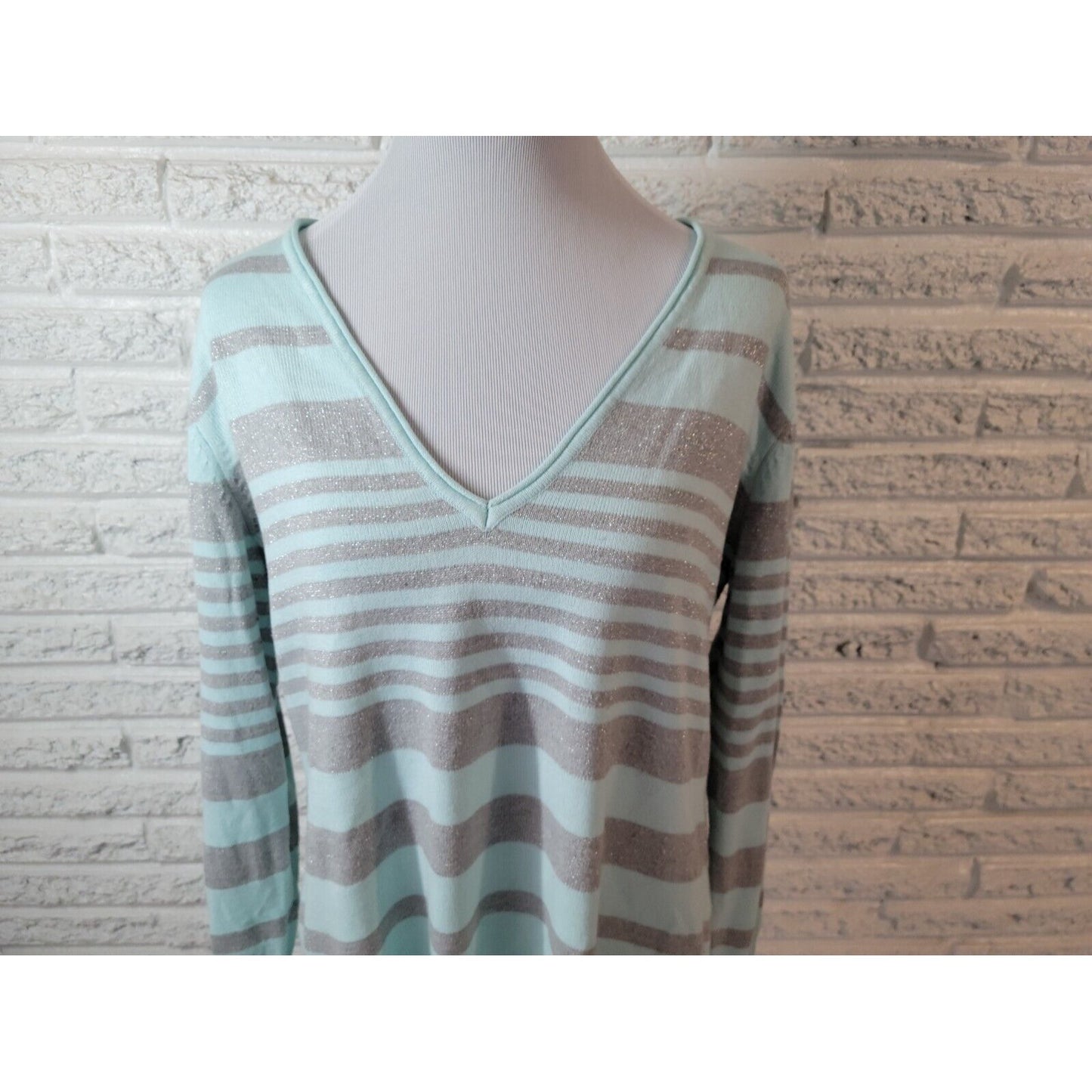 New York & Co Womens Sweater Extra Large XL Pullover Blue Stripe Metallic Thread