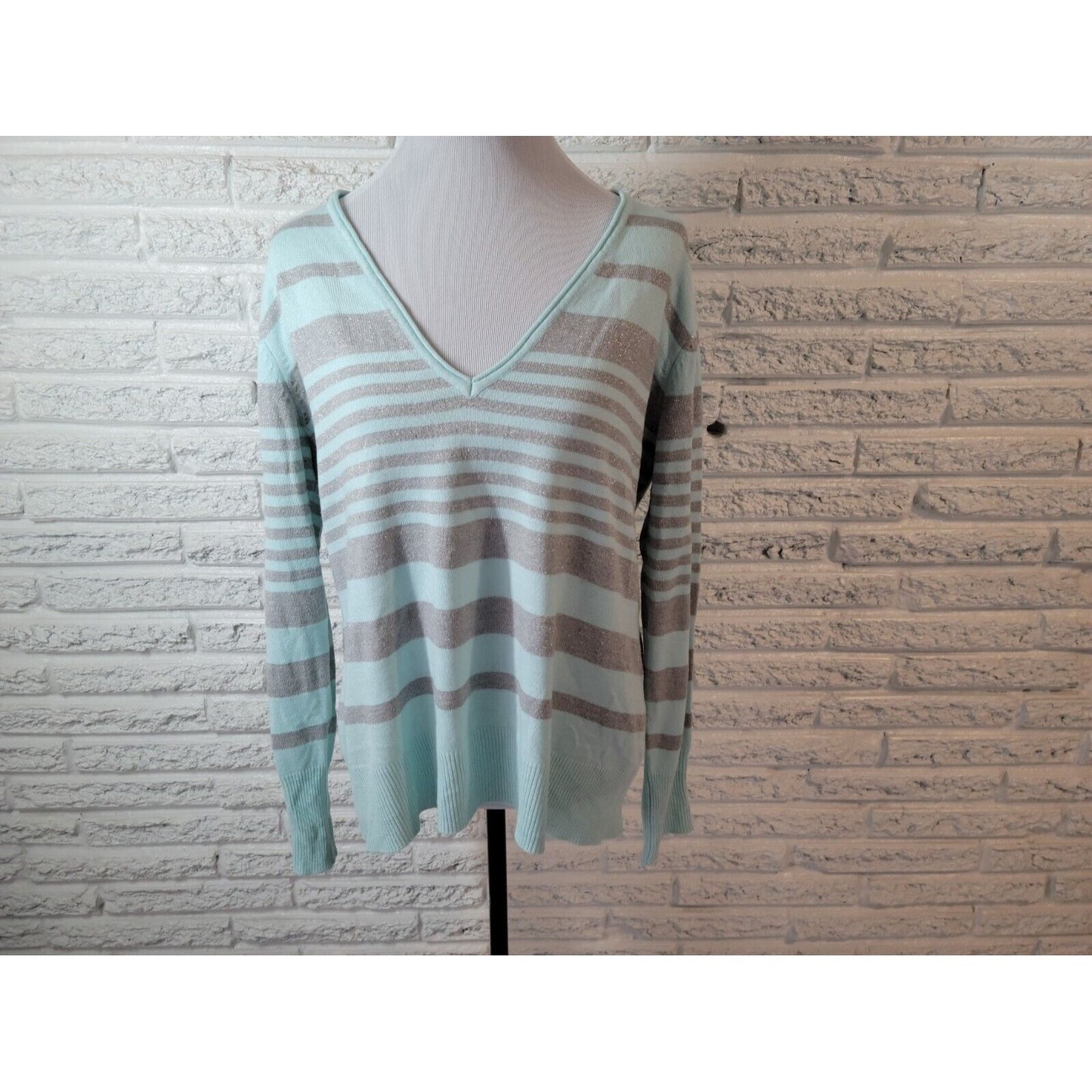 New York & Co Womens Sweater Extra Large XL Pullover Blue Stripe Metallic Thread