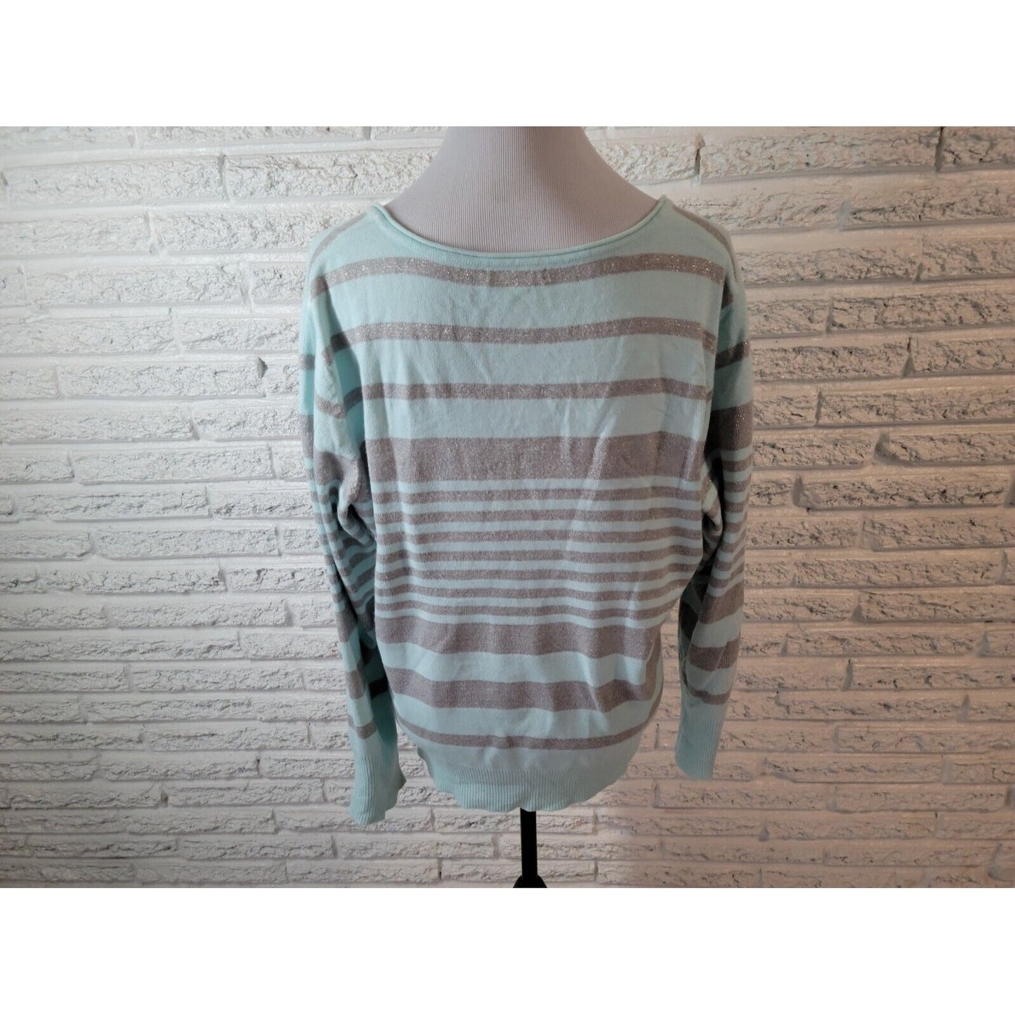 New York & Co Womens Sweater Extra Large XL Pullover Blue Stripe Metallic Thread