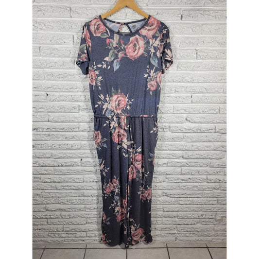 Tickled Teal Women Jumpsuit Extra Large XL Short Sleeve Gray Floral Back Keyhole