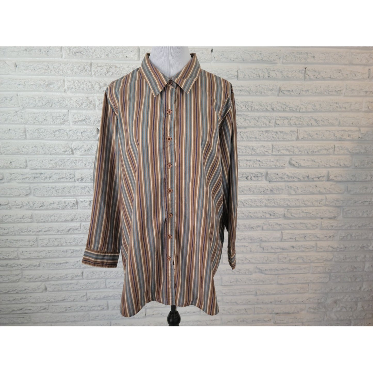 Roamans Womens Shirt 1X Plus Collar Button Up Brown Stripe Cotton Blend Career