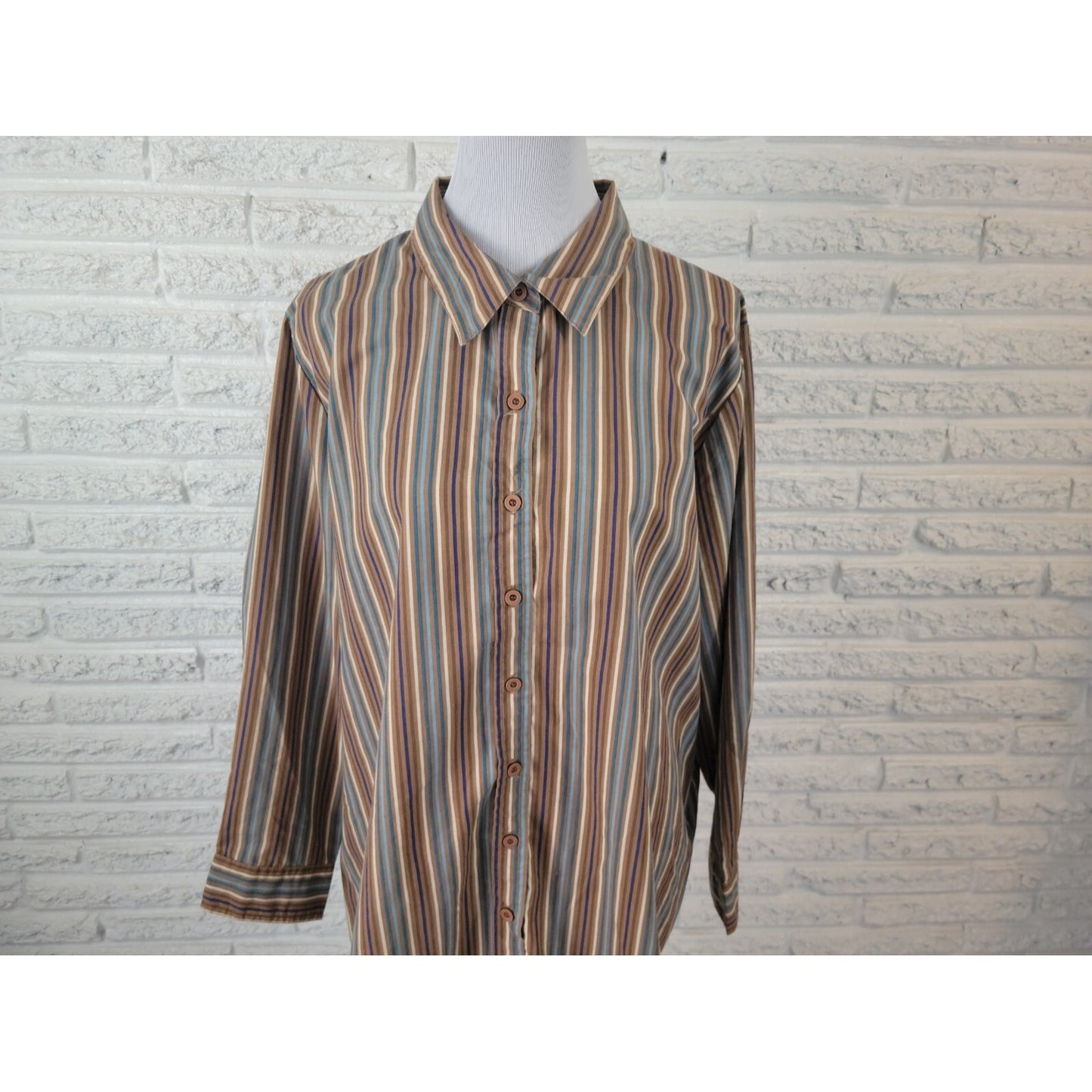Roamans Womens Shirt 1X Plus Collar Button Up Brown Stripe Cotton Blend Career
