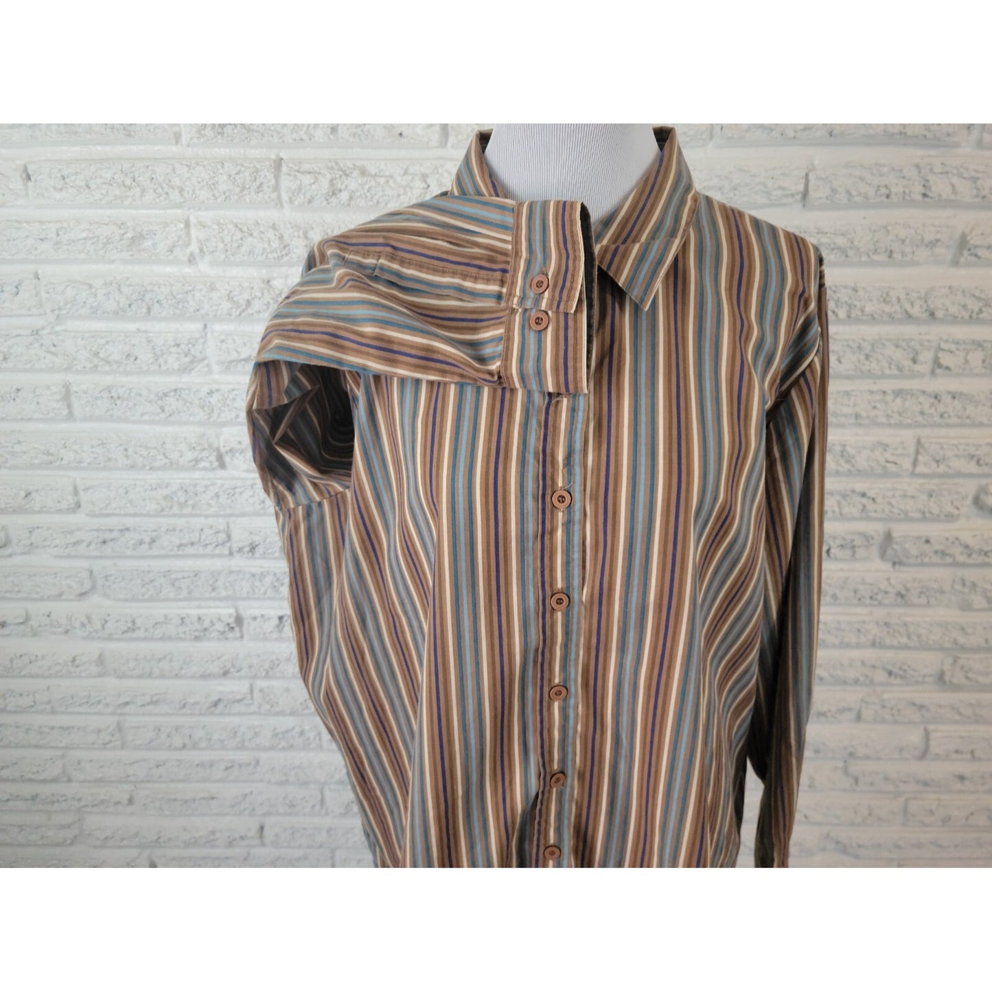 Roamans Womens Shirt 1X Plus Collar Button Up Brown Stripe Cotton Blend Career
