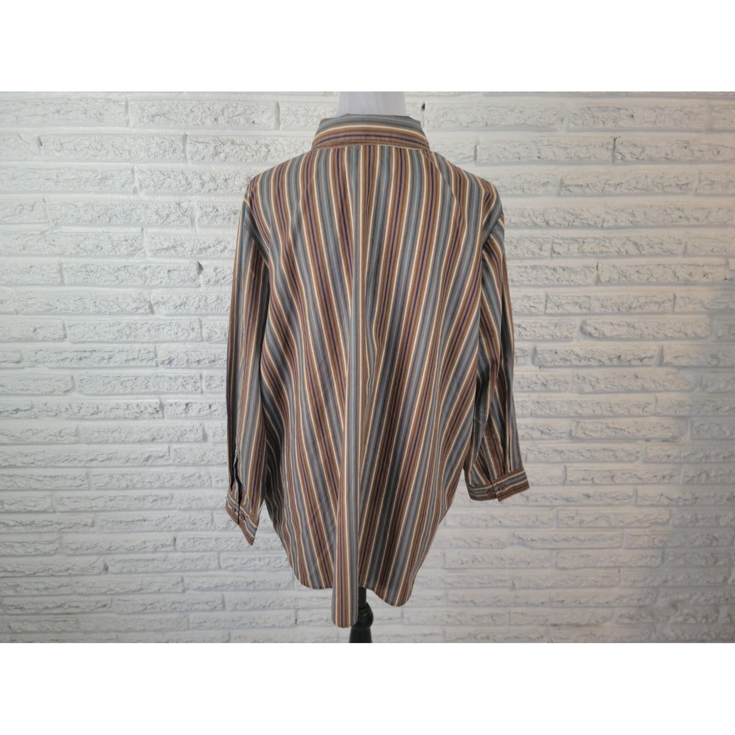 Roamans Womens Shirt 1X Plus Collar Button Up Brown Stripe Cotton Blend Career