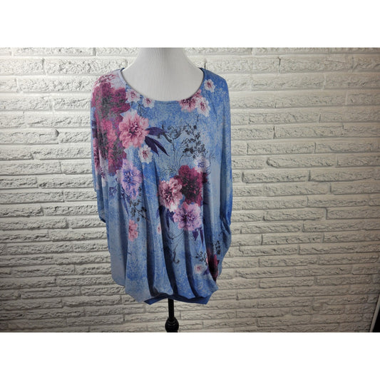 Catherines Womens Top 0X Plus Batwing Kimono Sleeve Blue Floral with Tank Top