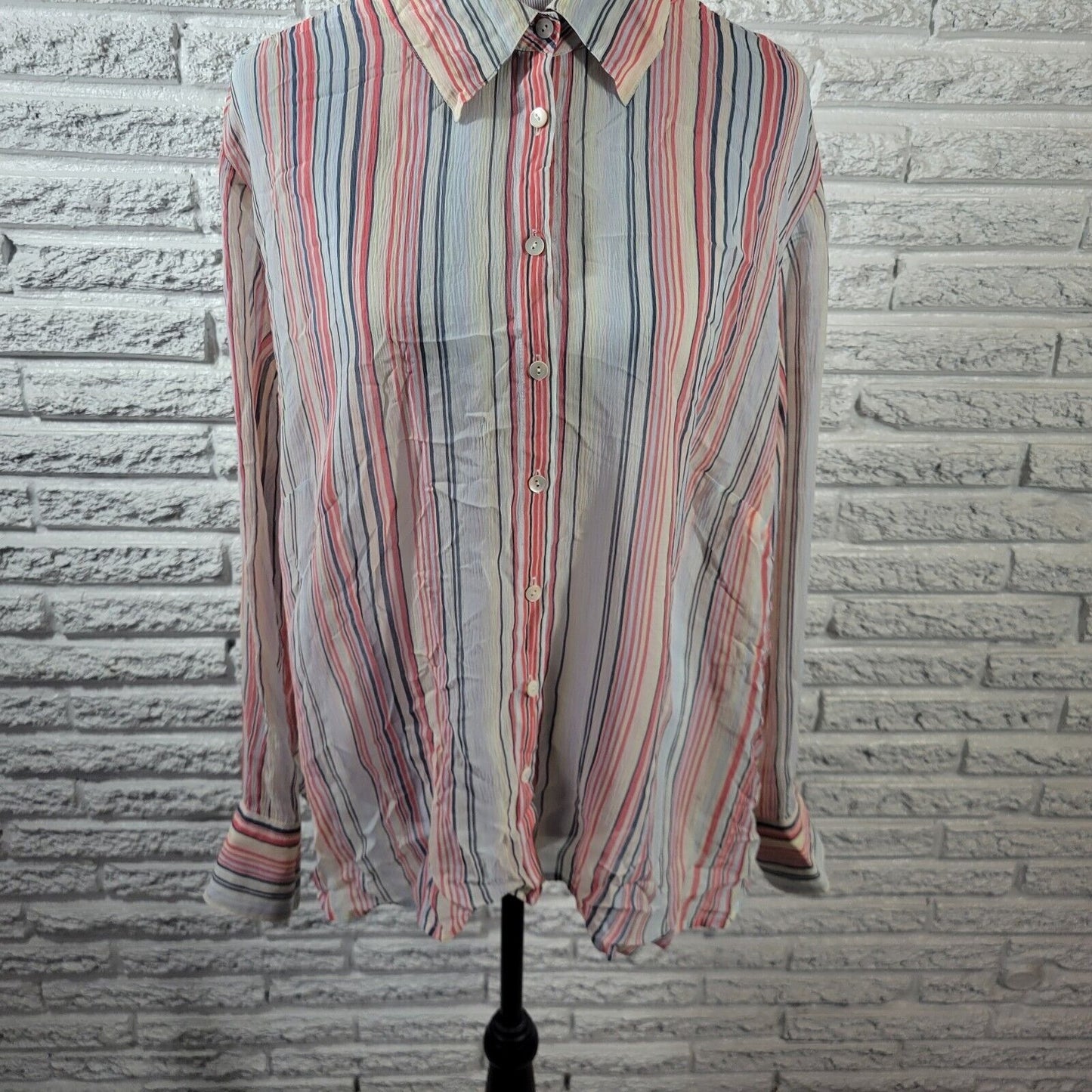 Talbots Womens Top 18W Long Sleeve Pink Stripe Silk Sheer Lightweight Button Up