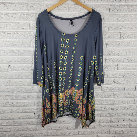 White Mark Womens Top 3XL Plus Tunic Asymmetric 3/4 Sleeve Gray Yellow Geometric