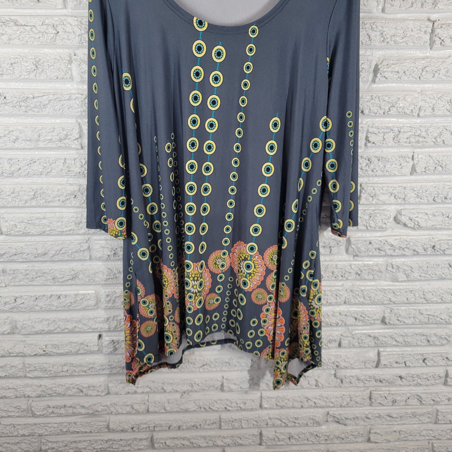 White Mark Womens Top 3XL Plus Tunic Asymmetric 3/4 Sleeve Gray Yellow Geometric