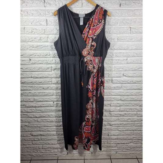 Catherines Women Dress 1X Midi Sleeveless Sheath Black Brown Paisley Poly Blend