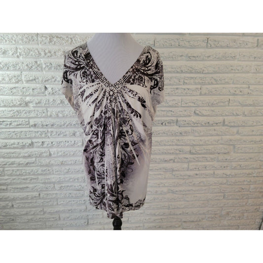 Unity Women Top 2X Plus Cap Sleeve Studded Pleated Black Geometric Sublimation