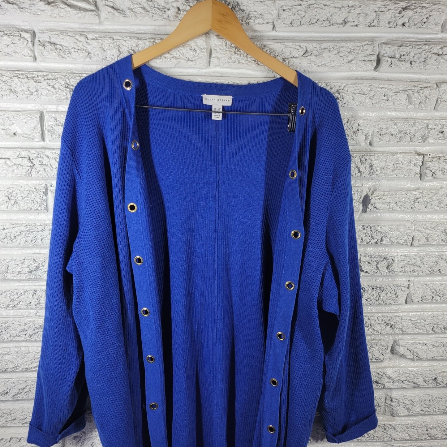 Susan Graver QVC Women Sweater 2X Plus Cardigan Open Blue Cuff Sleeve Grommets