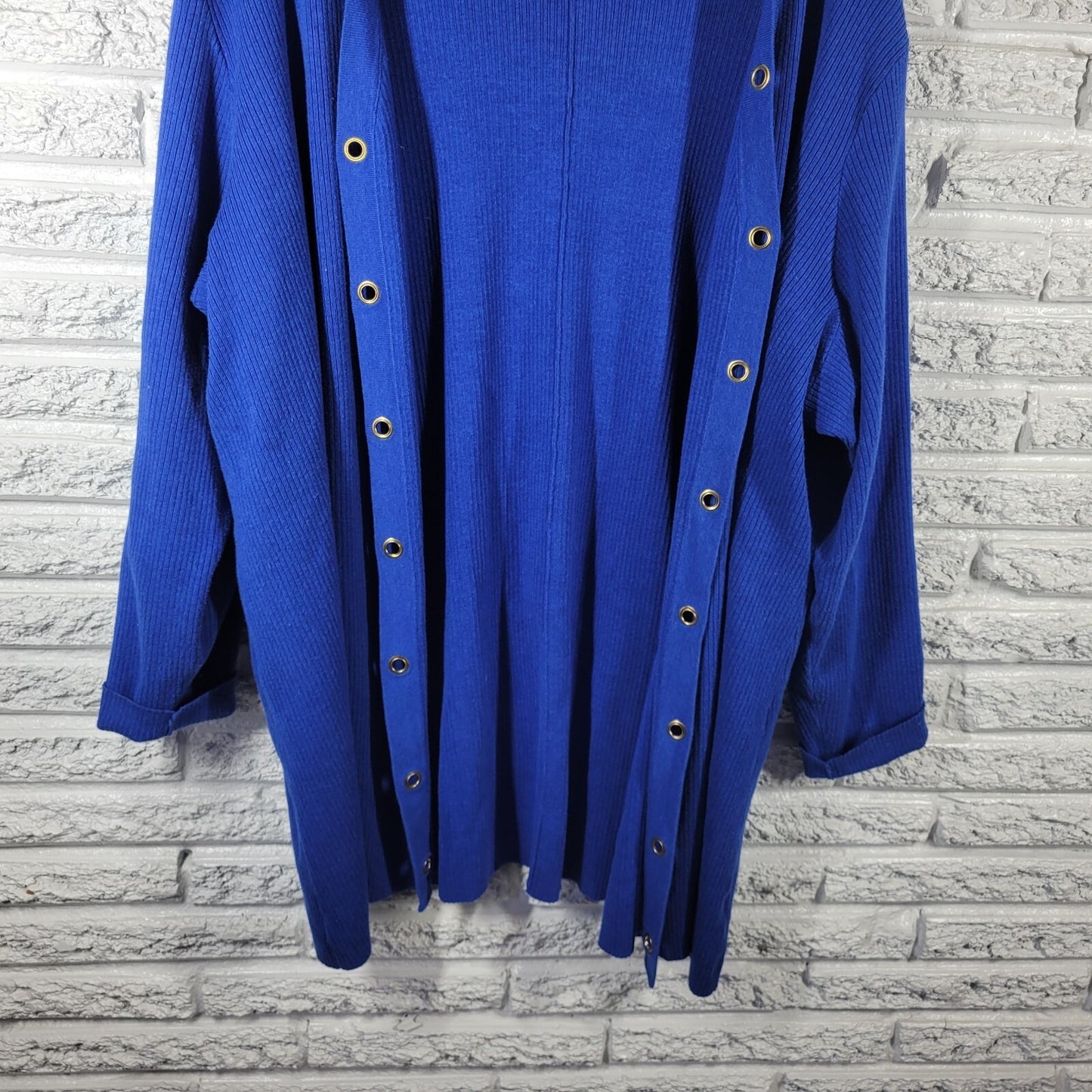 Susan Graver QVC Women Sweater 2X Plus Cardigan Open Blue Cuff Sleeve Grommets