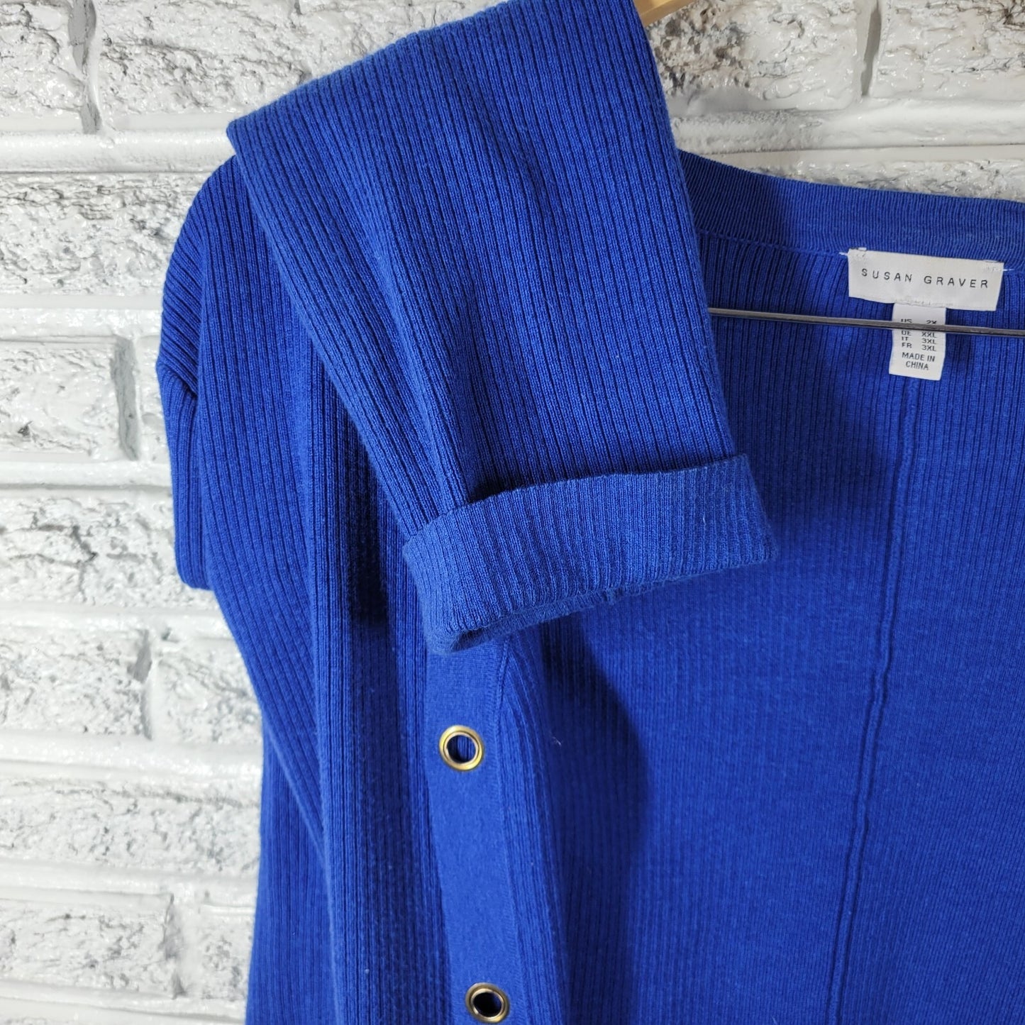 Susan Graver QVC Women Sweater 2X Plus Cardigan Open Blue Cuff Sleeve Grommets