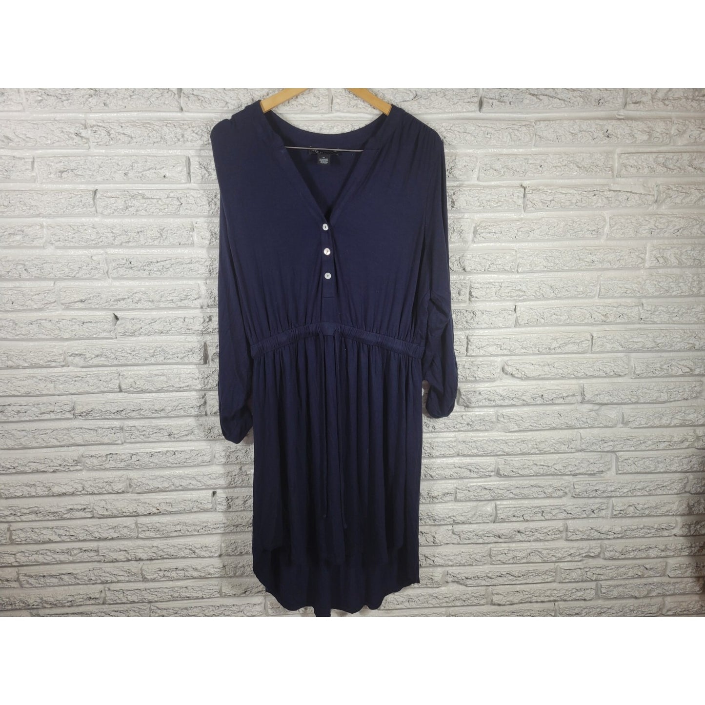 Joan Vass Womens Dress 1X Plus Sheath Roll Tab Sleeve Blue Drawstring Asymmetric