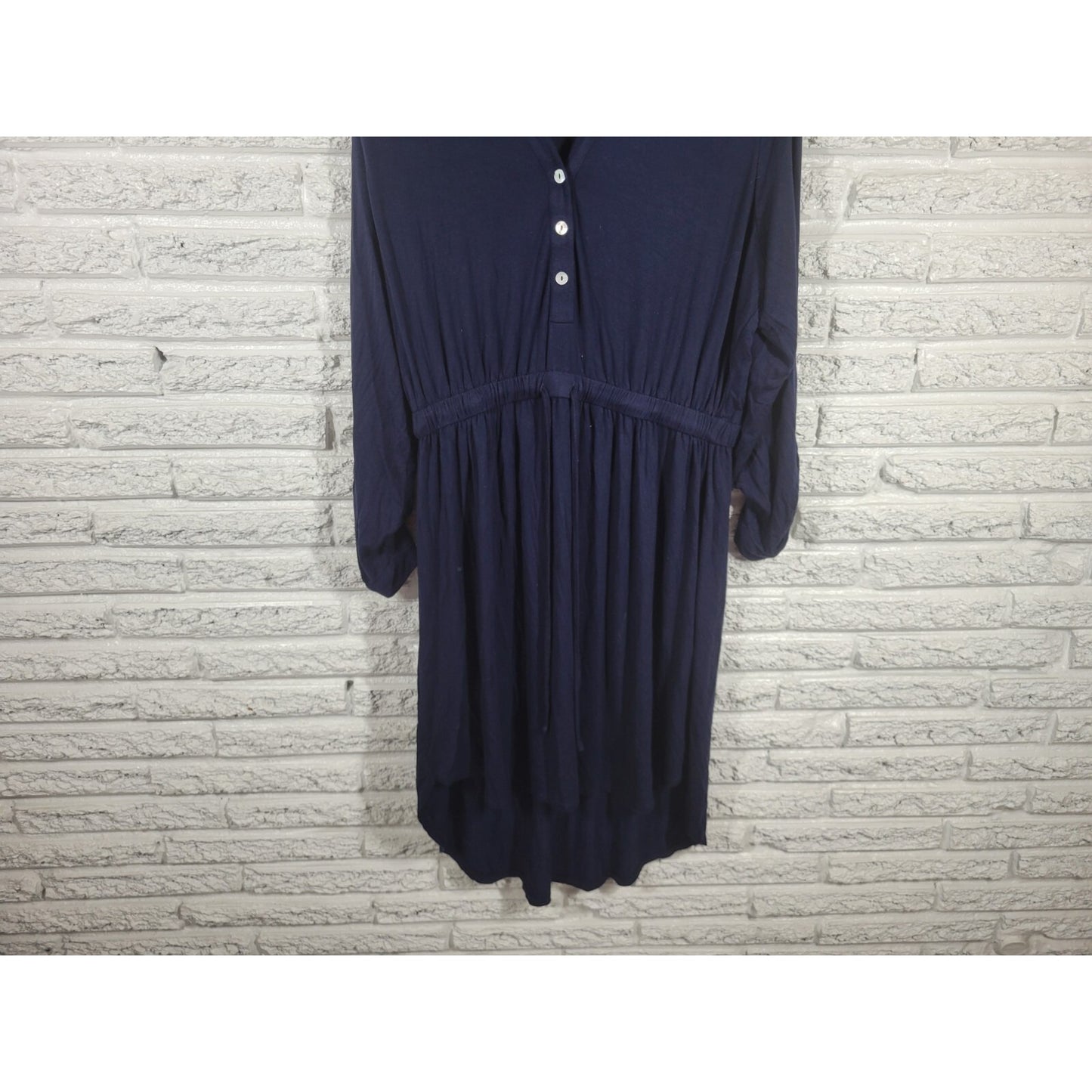 Joan Vass Womens Dress 1X Plus Sheath Roll Tab Sleeve Blue Drawstring Asymmetric