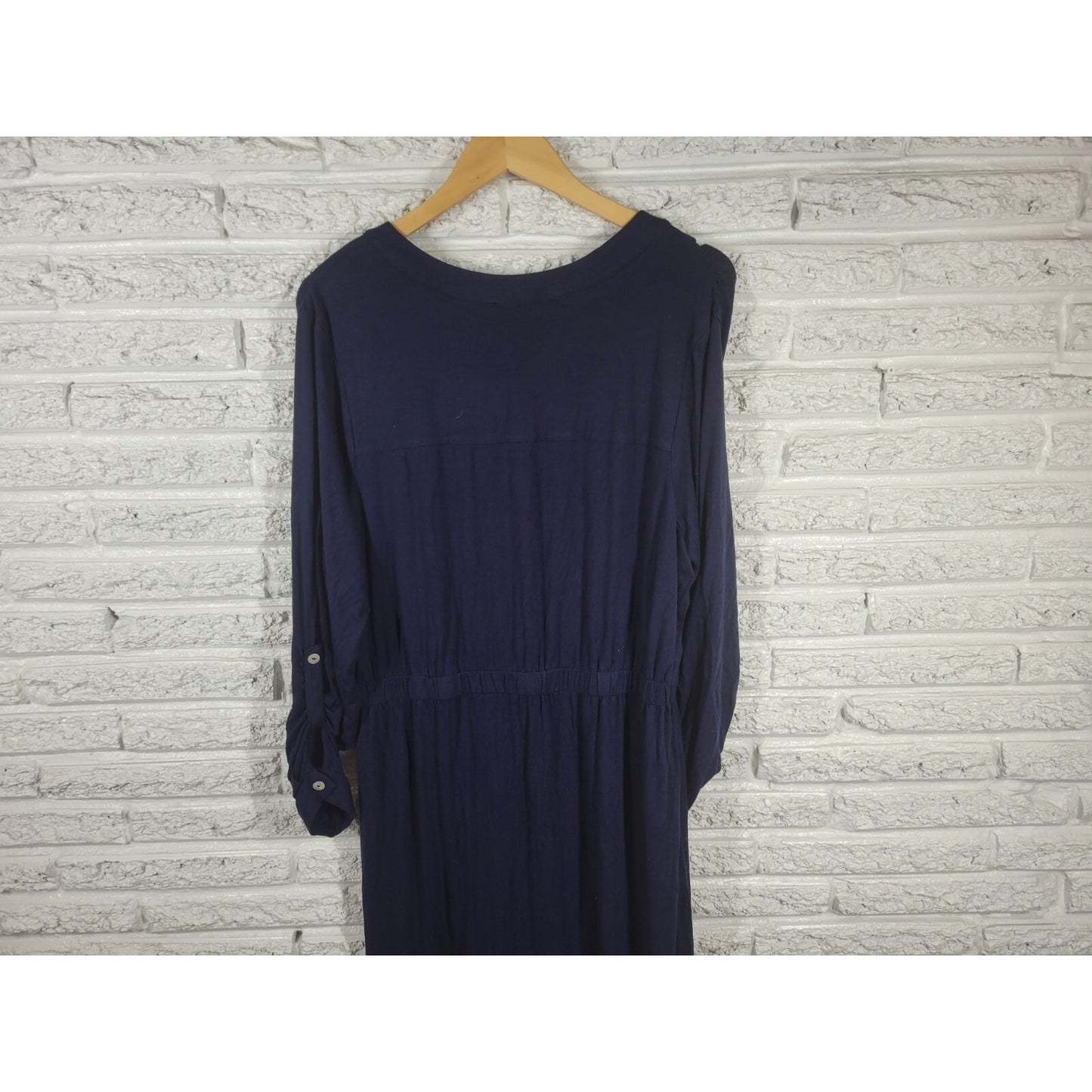 Joan Vass Womens Dress 1X Plus Sheath Roll Tab Sleeve Blue Drawstring Asymmetric