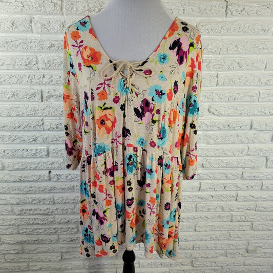 Terra & Sky 1X Plus Tunic Orange Blue Floral Lace Up 3/4 Sleeve Rayon Stretch